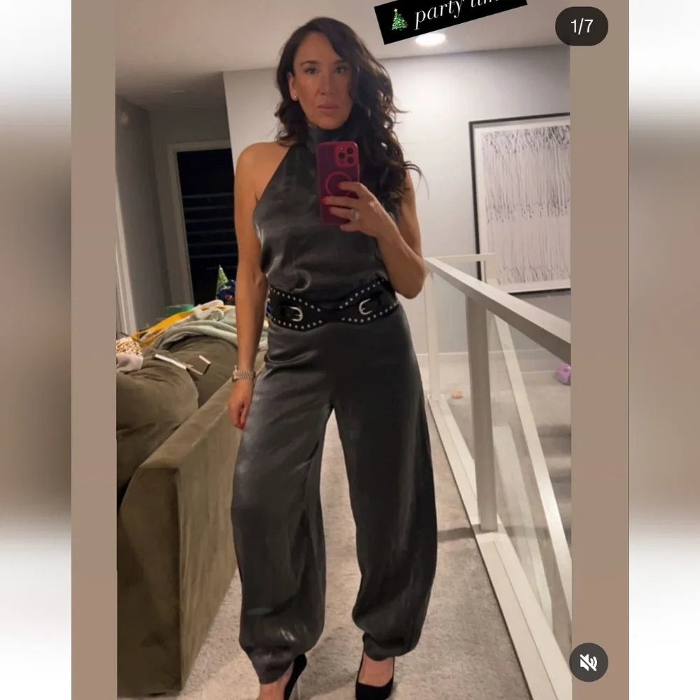 Zara Balloon Metallic Silver Gray Jumpsuit Size M